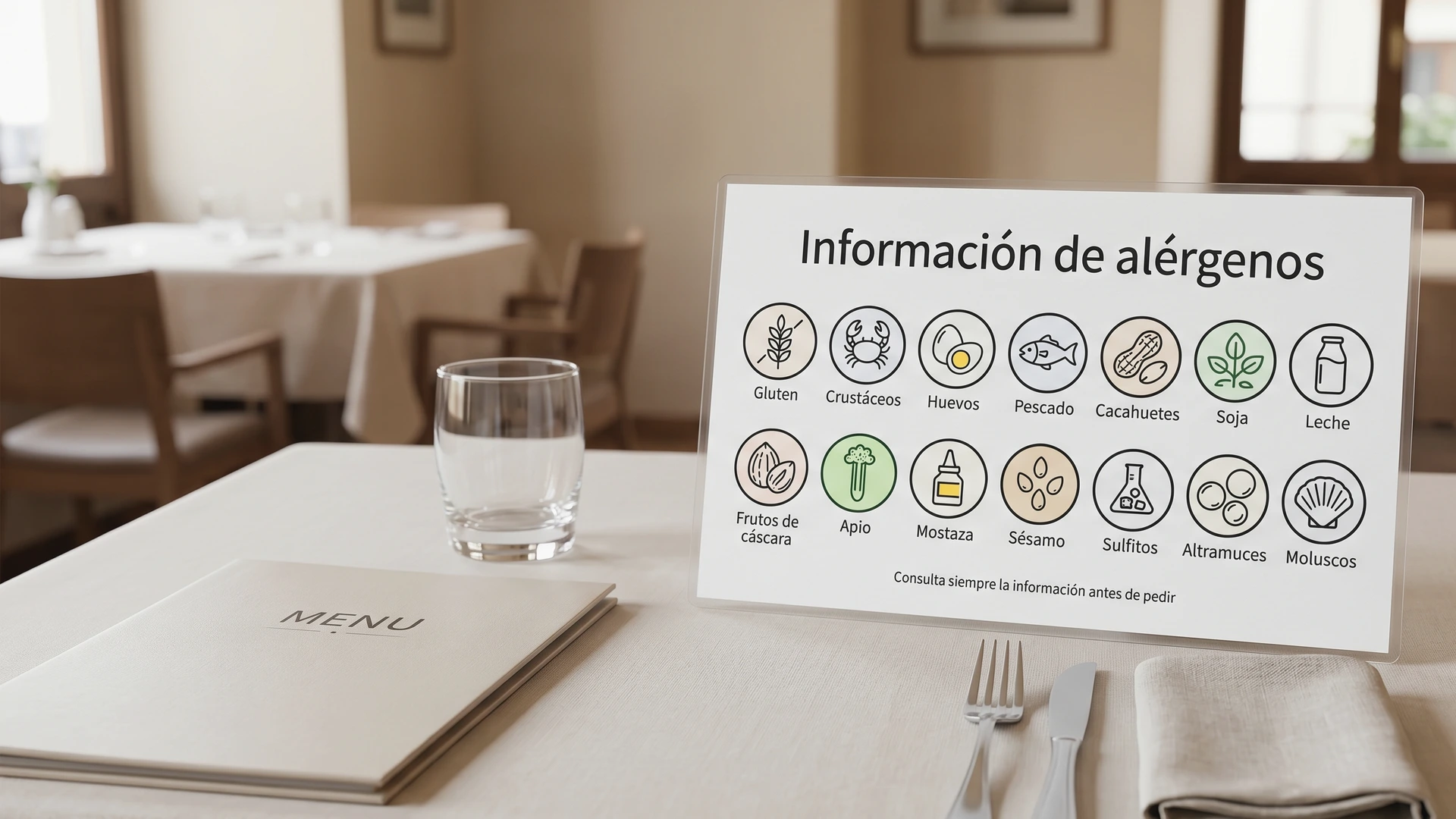 Camarero mostrando carta de alérgenos a cliente en restaurante, con tabla de iconos de los 14 alérgenos obligatorios visible sobre la mesa