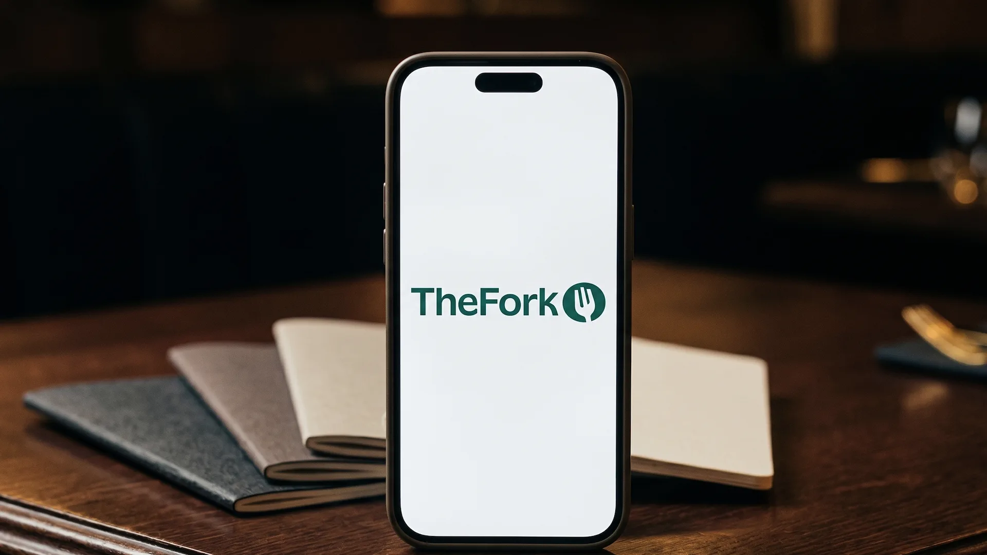 Vista cenital de una mesa de restaurante con siete portapapeles abiertos, cada uno representando un sistema de reservas diferente, rodeados de cubiertos y un menú