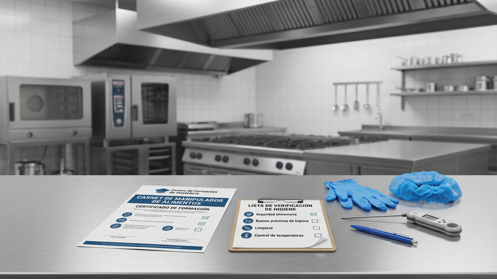 Cocinero con guantes y gorro higienista revisando documentación de seguridad alimentaria sobre encimera de acero inoxidable en cocina profesional de restaurante
