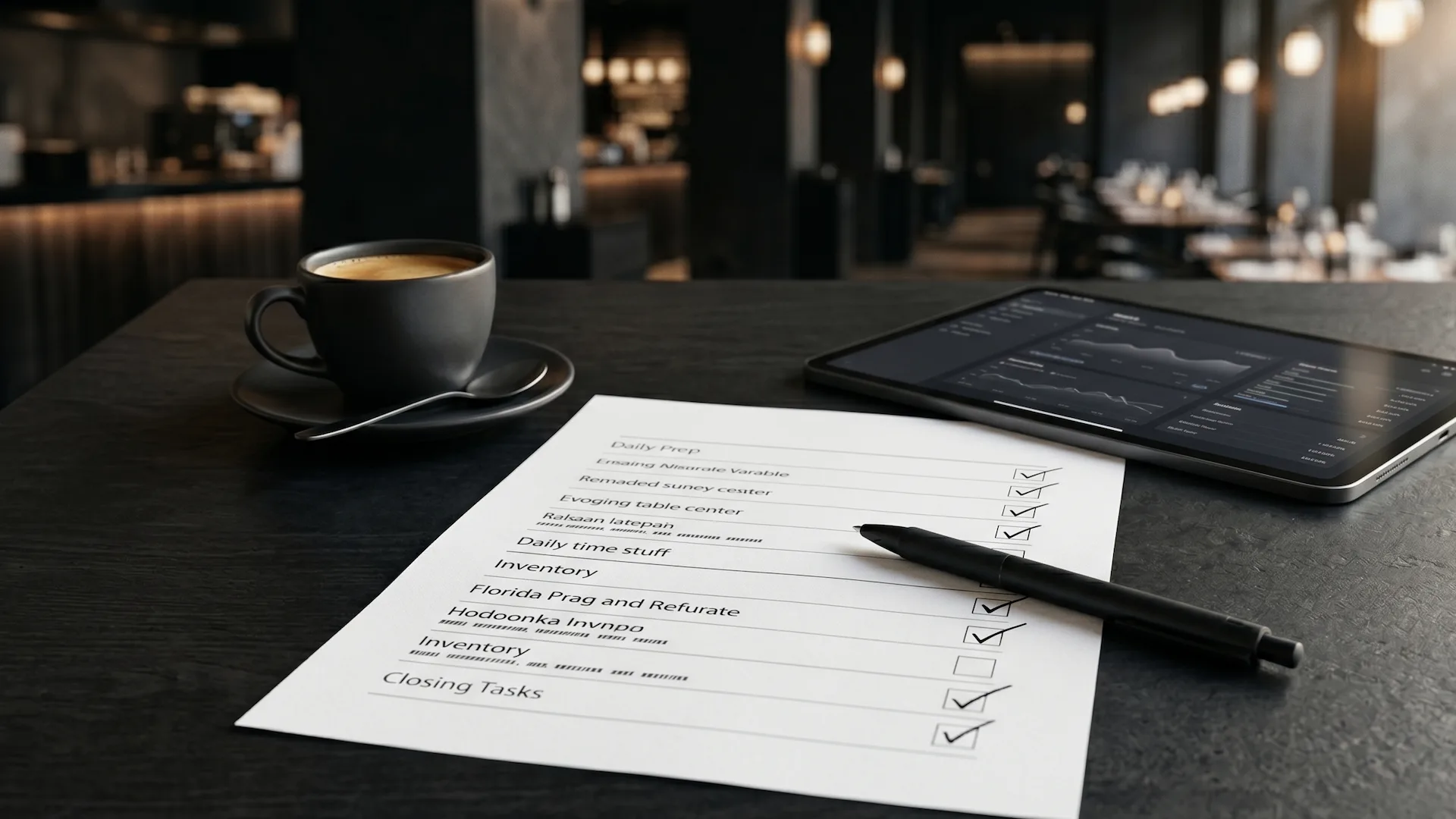 Checklist impreso sobre una mesa de restaurante junto a un tablet con un sistema de reservas abierto y una taza de café