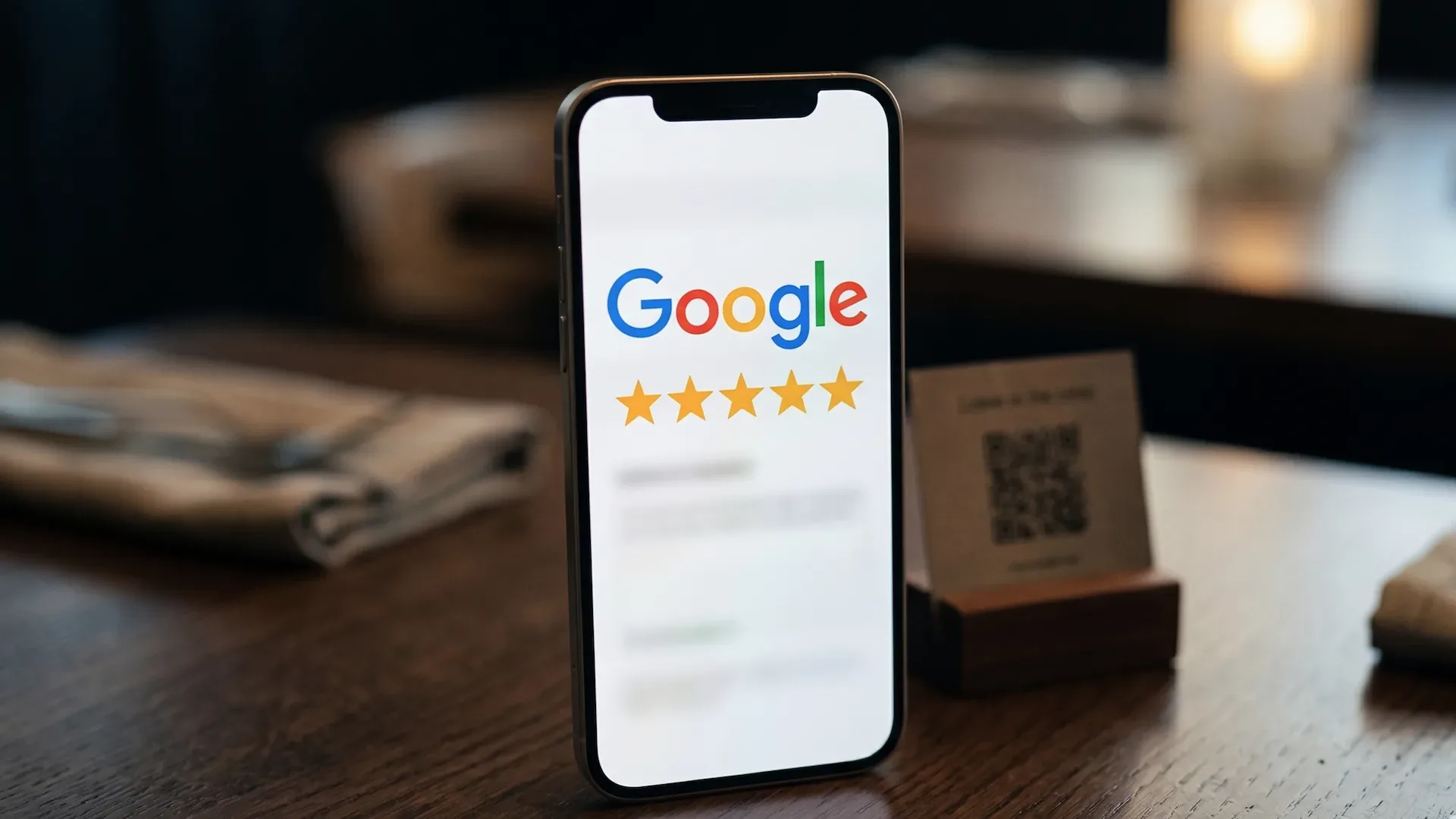 Camarero mostrando un código QR para reseñas de Google en una mesa de restaurante con ambiente cálido y clientes al fondo