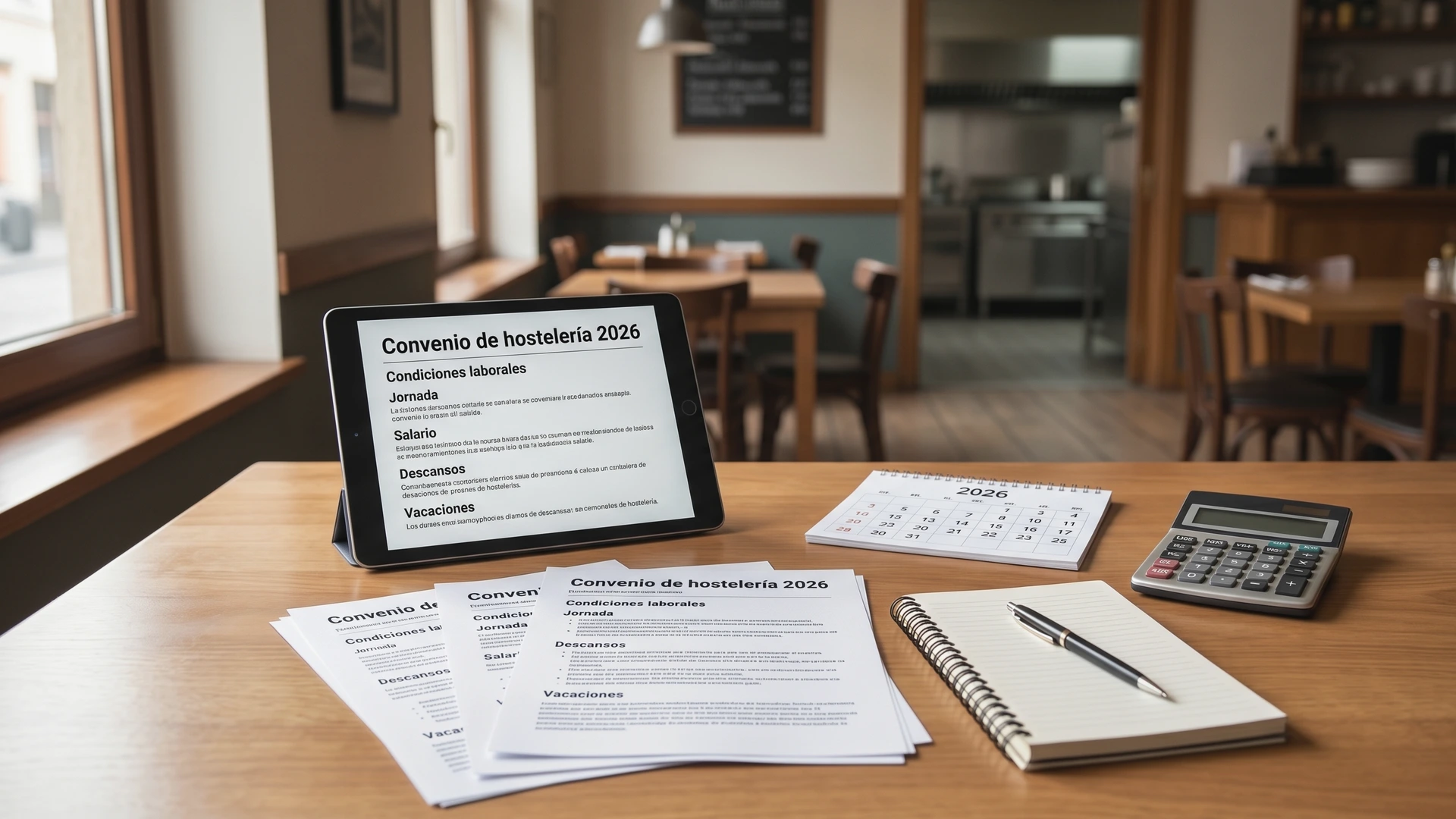 Dueño de restaurante revisando el convenio colectivo de hostelería en una tablet junto a documentos laborales sobre una mesa de madera