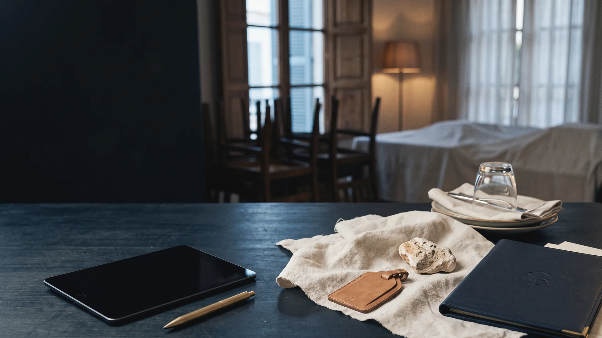 Responsable de un restaurante en Baleares revisando las tablas salariales del convenio de hostelería en una tablet junto a documentos laborales