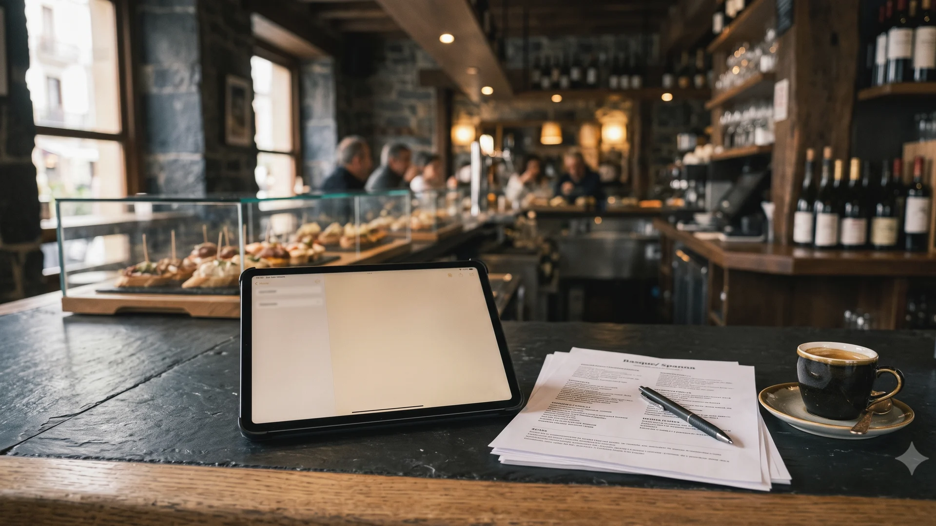 Responsable de un restaurante en Gipuzkoa revisando las tablas salariales del convenio de restauración en una tablet junto a documentos laborales