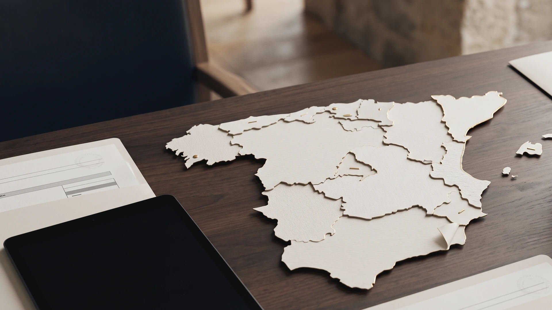 Mapa de España sobre una mesa de restaurante con documentos del convenio de hostelería de distintas comunidades autónomas