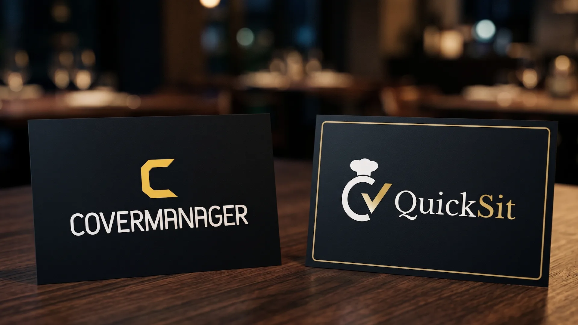 Dos tablets sobre una mesa de restaurante mostrando sistemas de gestión de reservas, con la sala al fondo parcialmente llena durante el servicio de mediodía
