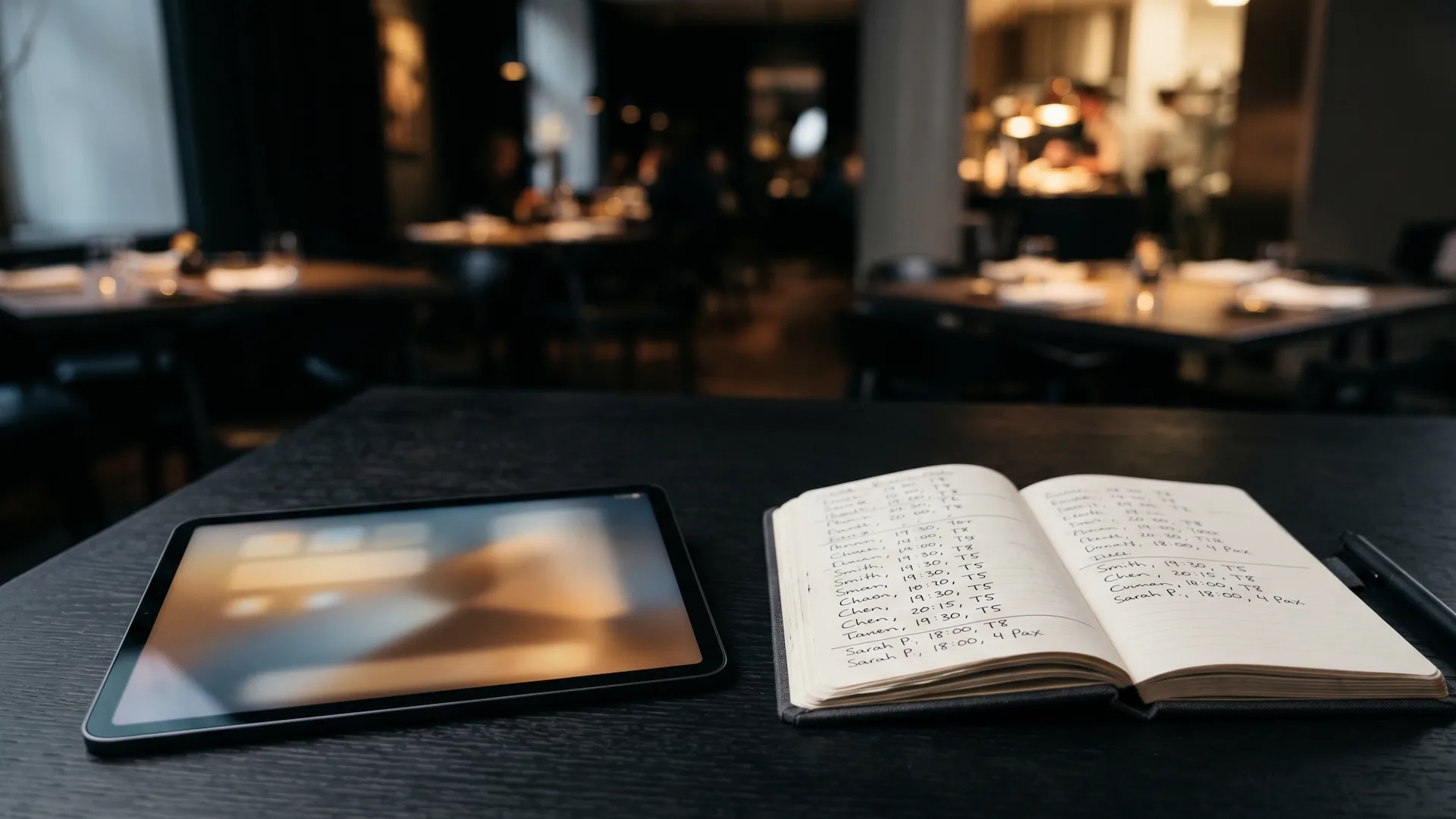 Tablet con panel de reservas digital sobre una mesa de restaurante, con una libreta de reservas en papel a su lado representando el antes y el después de digitalizar
