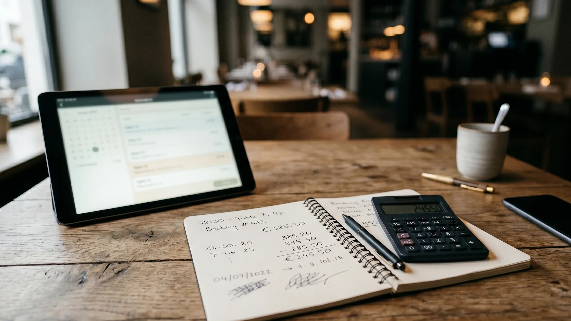 Propietario de restaurante revisando en tablet las reservas directas de su local mientras anota en papel el ahorro mensual conseguido al eliminar comisiones de marketplace
