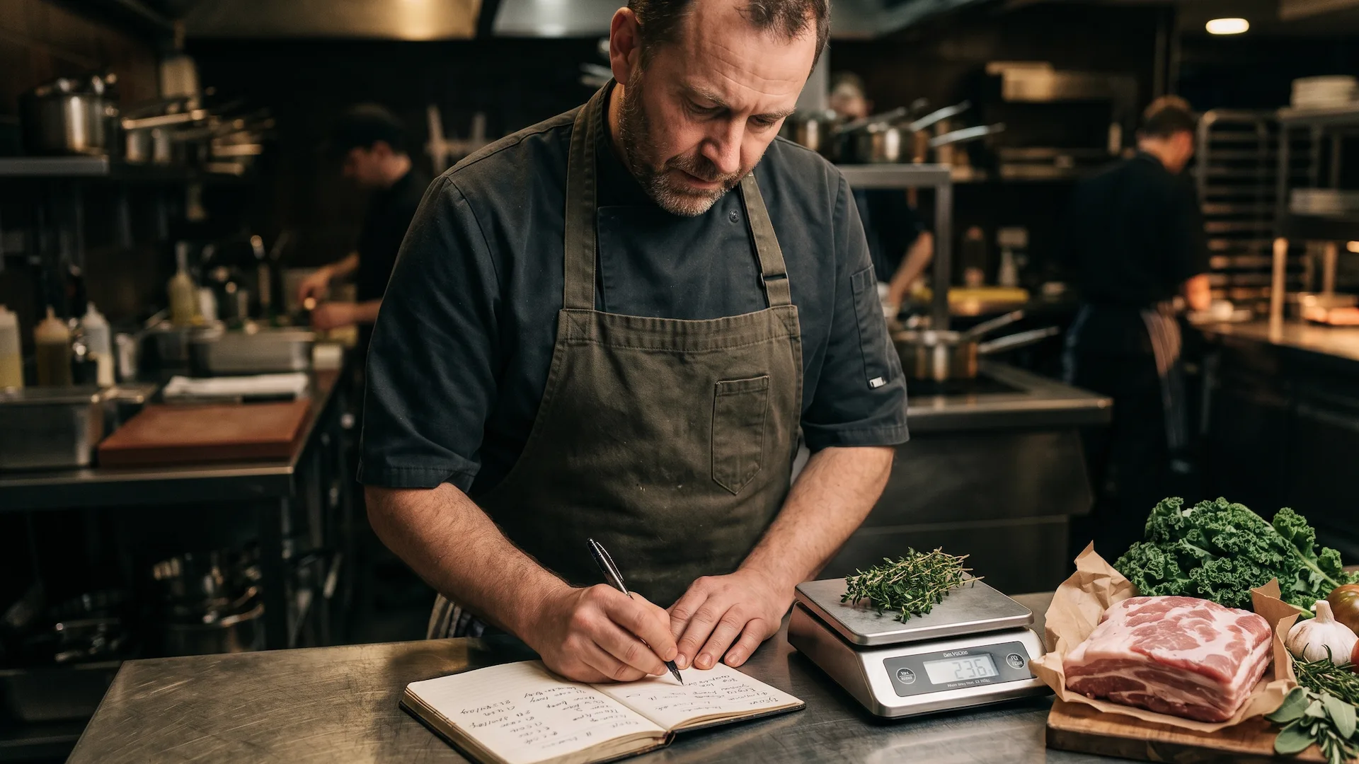 Chef en cocina profesional anotando costes de ingredientes junto a una balanza de precisión y géneros frescos sobre una encimera de acero inoxidable