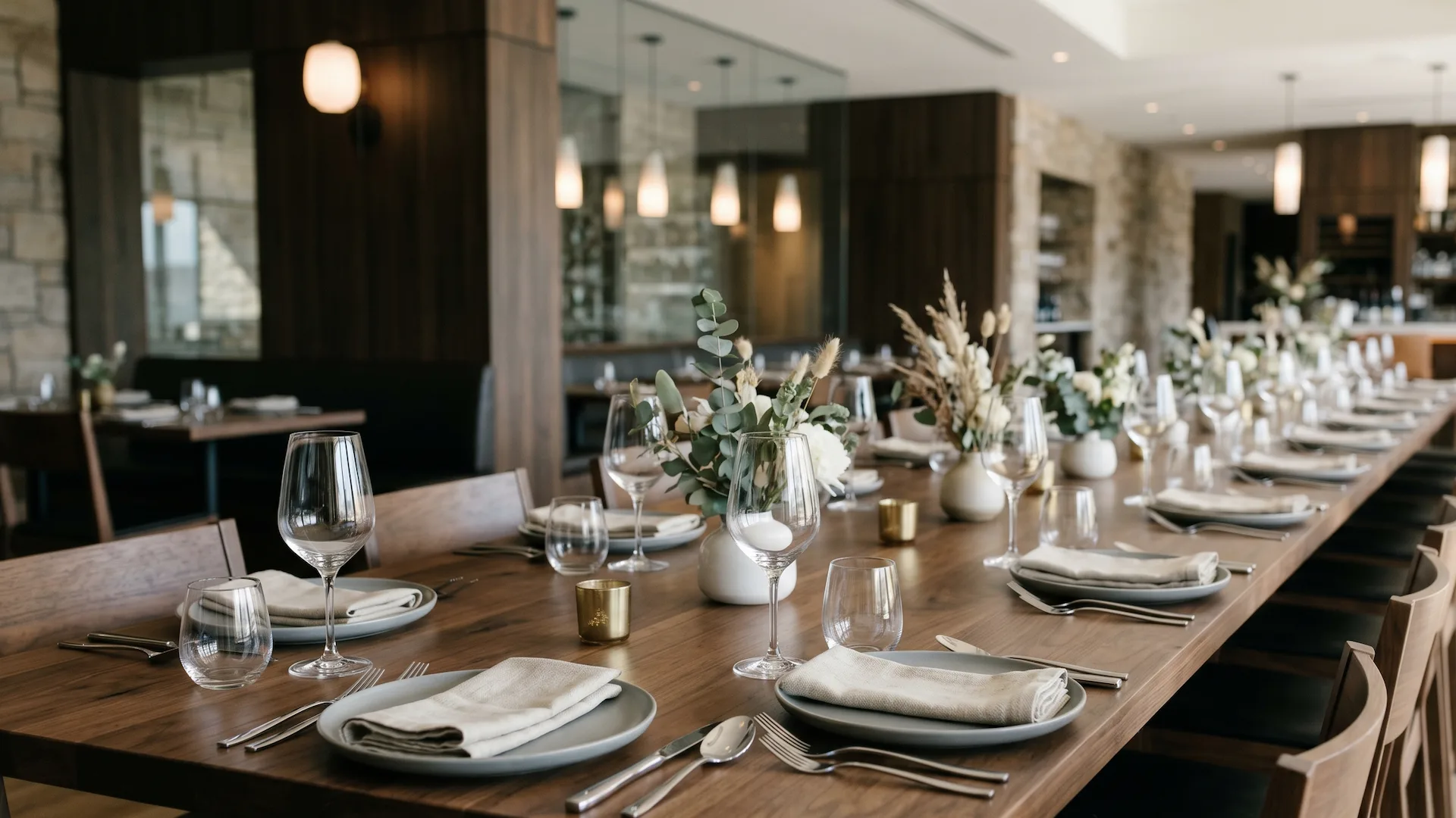Mesa larga preparada para un evento privado en un restaurante con decoración elegante, copas alineadas y menús impresos sobre platos blancos