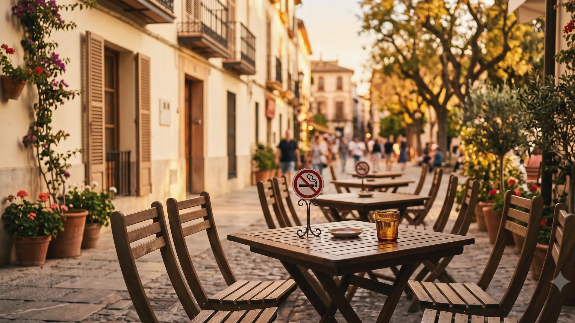 Terraza de un bar en España al atardecer con una señal de prohibido fumar sobre una de las mesas