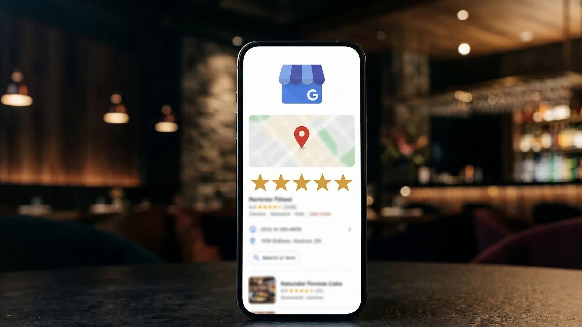 Manos sosteniendo un teléfono que muestra la ficha de Google Business Profile de un restaurante en Google Maps, con reseñas y botón de reserva visible