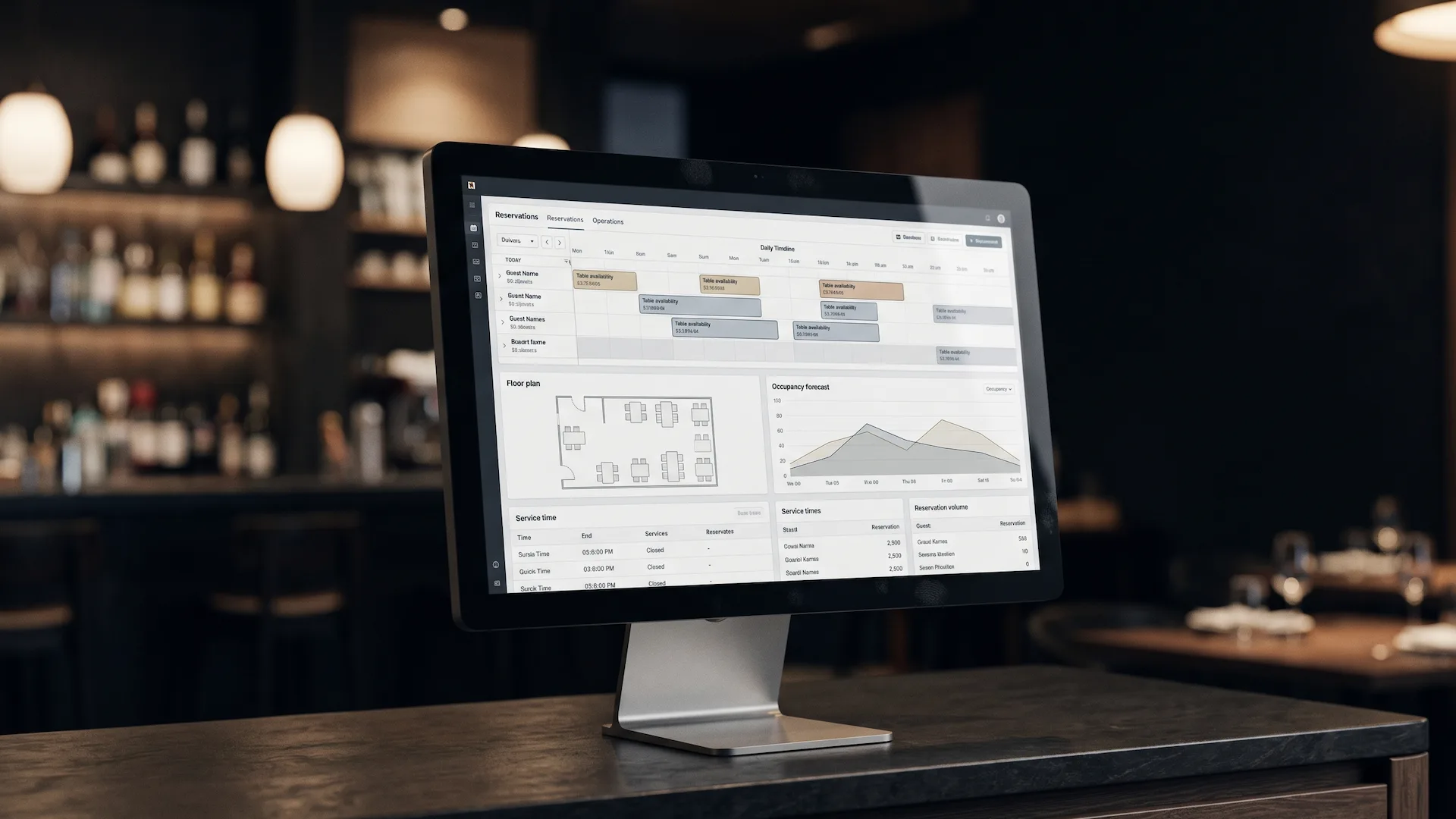 Panel de control con gráficos de previsión de ocupación y datos de demanda proyectados en una pantalla en la recepción de un restaurante moderno