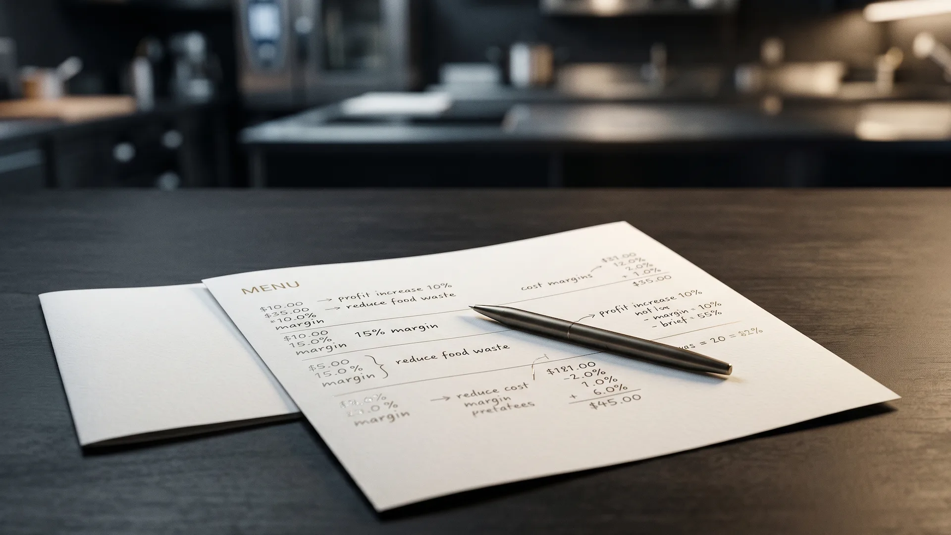 Chef revisando una carta de restaurante con anotaciones de costes y rentabilidad sobre una mesa de trabajo