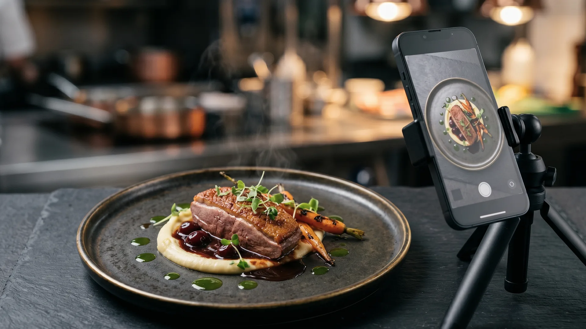 Cocinero fotografiando un plato bien presentado con el teléfono en la cocina de un restaurante, con el resto del equipo trabajando al fondo