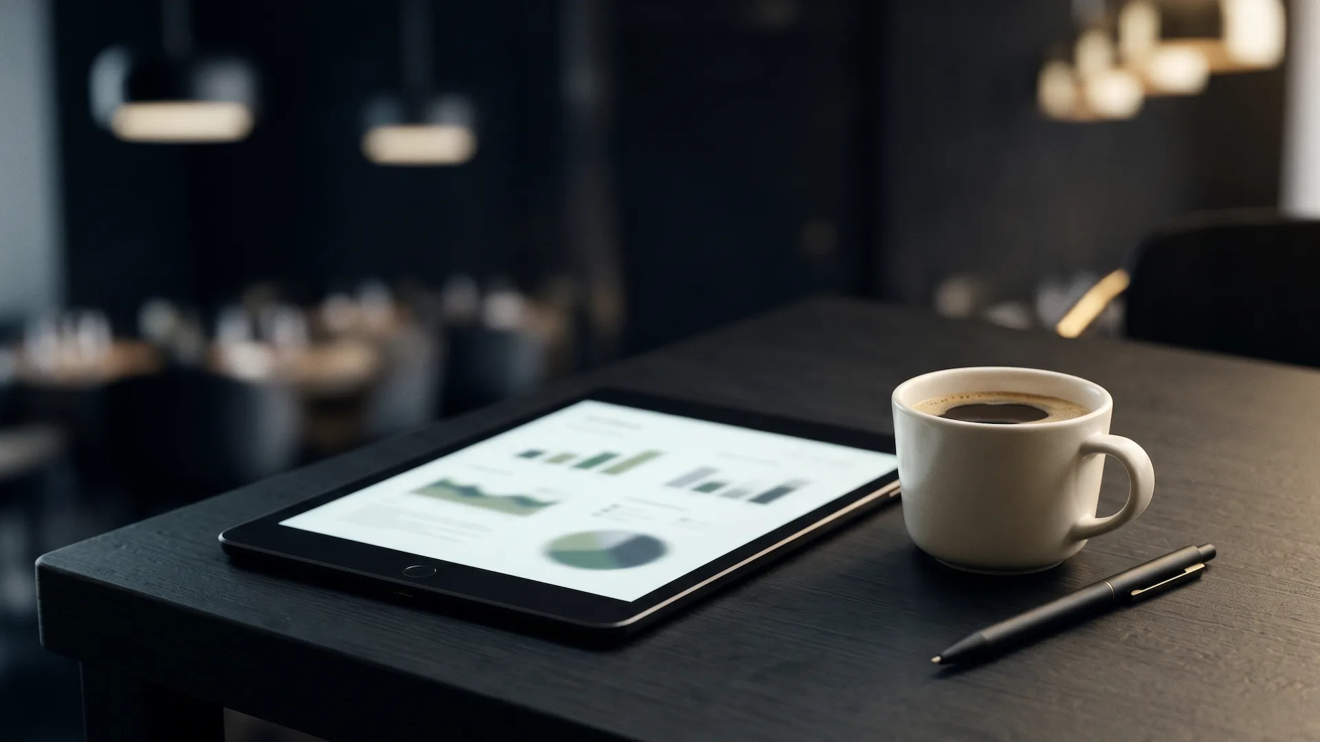 Tablet con dashboard de métricas de restaurante sobre una mesa con café, mostrando gráficos de ocupación y ventas