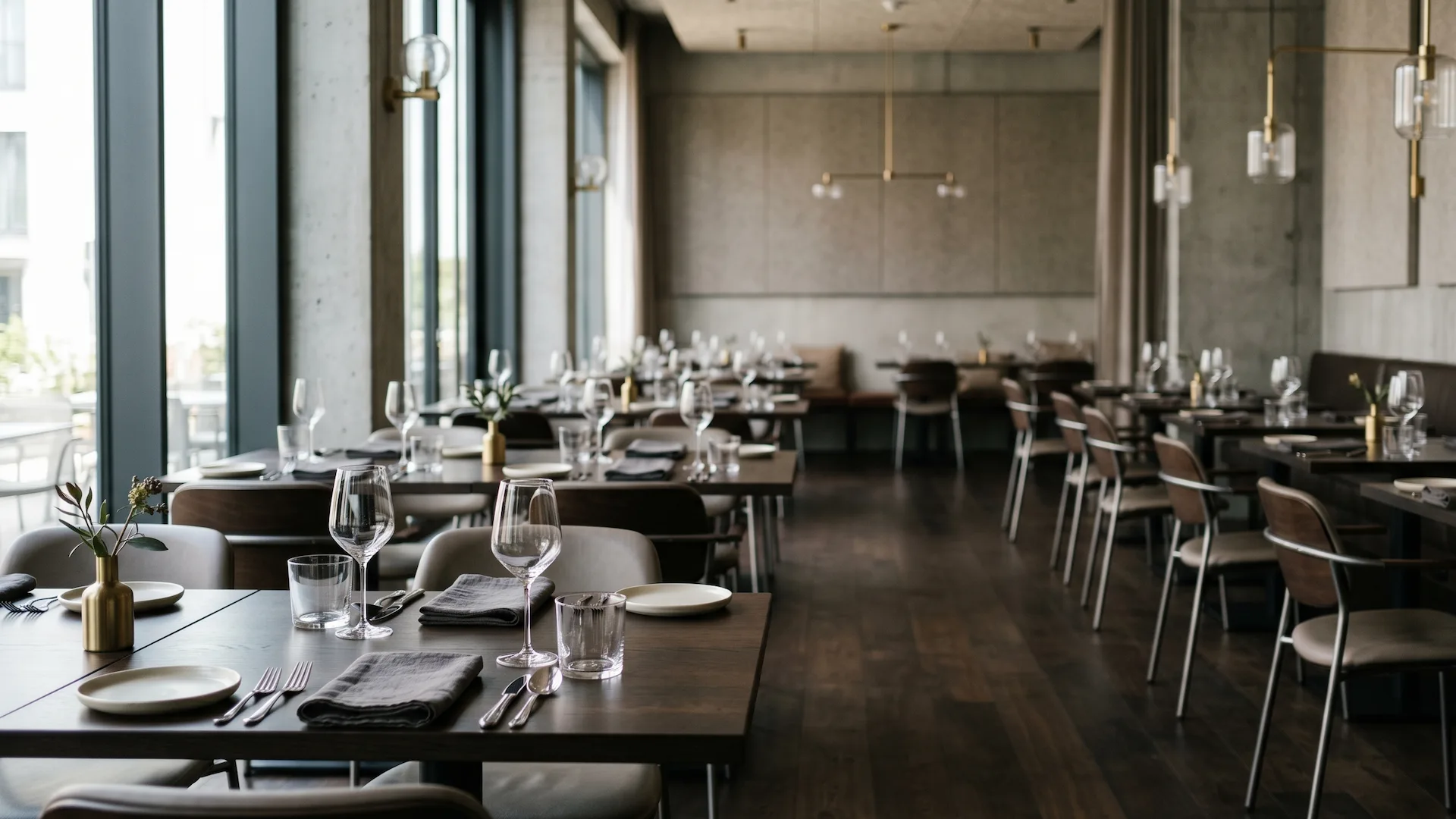 Sala de restaurante con pocas mesas ocupadas un lunes al mediodía, camarero organizando mesas vacías mientras la luz natural entra por las ventanas
