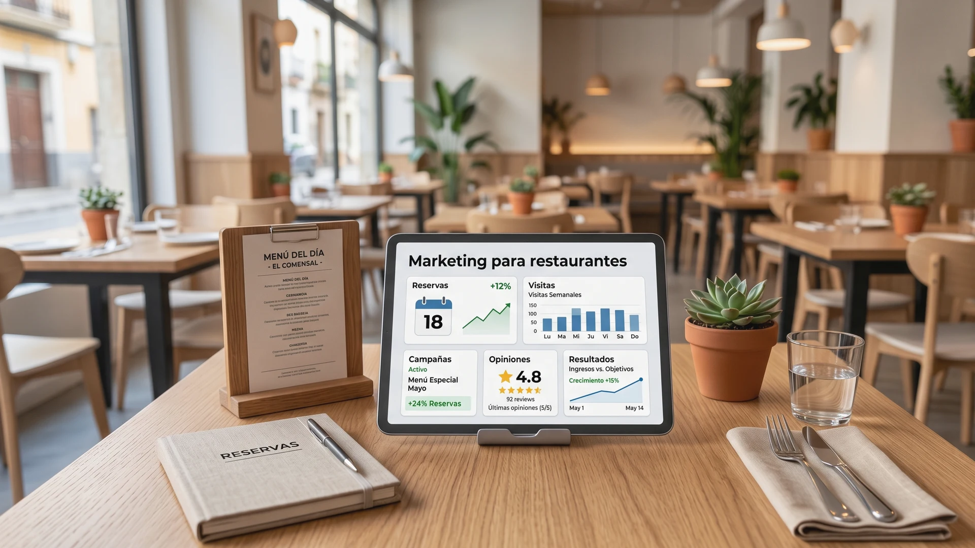 Responsable de sala de un restaurante moderno revisando métricas de marketing en una tablet junto a una mesa preparada para el servicio, con luz cálida de mediodía