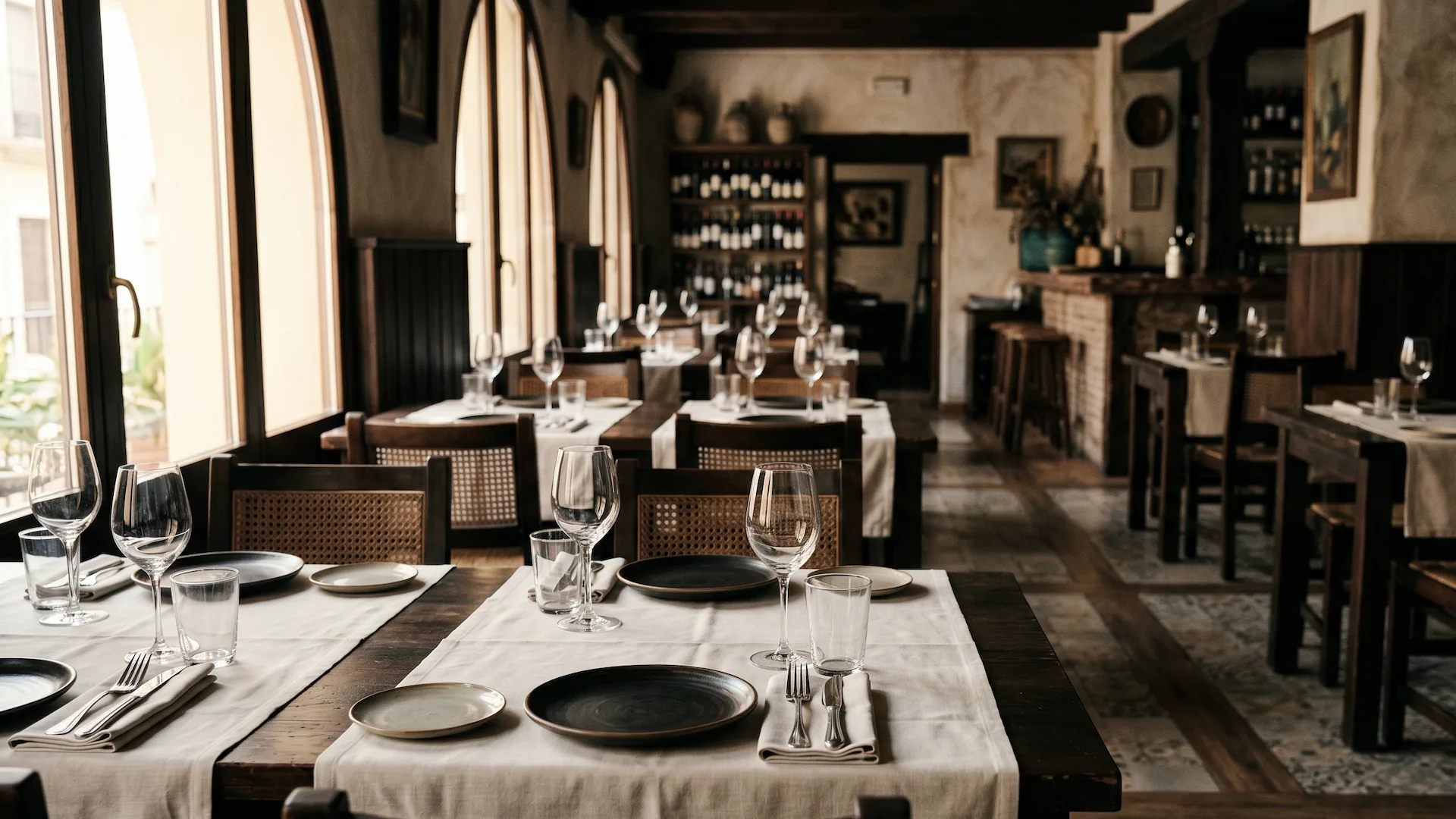 Restaurante español con mesas vacías al mediodía iluminado por luz natural, con cubiertos preparados y copas en la mesa que nadie ha ocupado, transmitiendo el impacto económico del no-show en hostelería