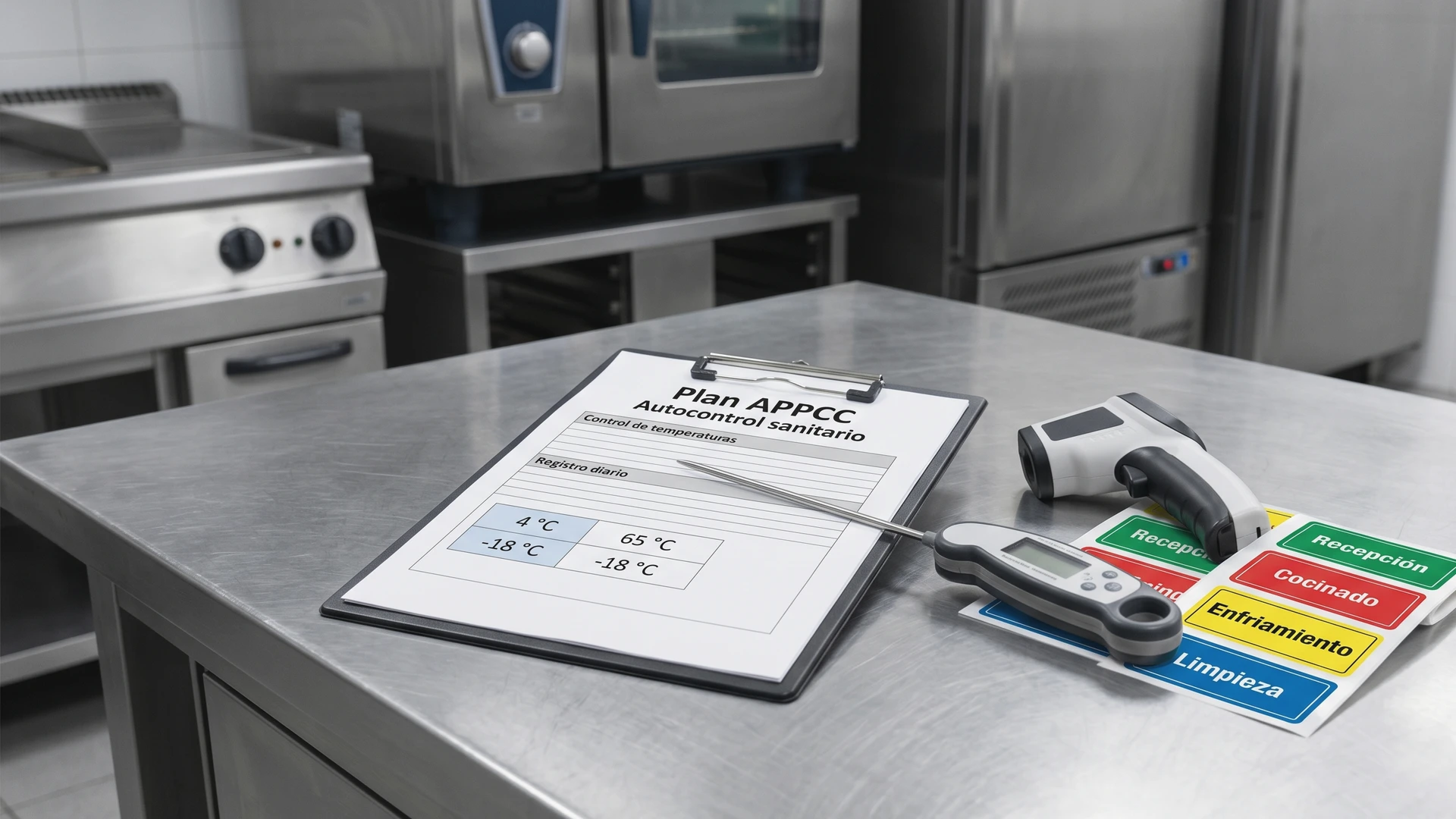 Cocina profesional de restaurante con tablas de control de temperaturas, registros escritos de autocontrol APPCC y termómetro de sonda sobre superficie de acero inoxidable