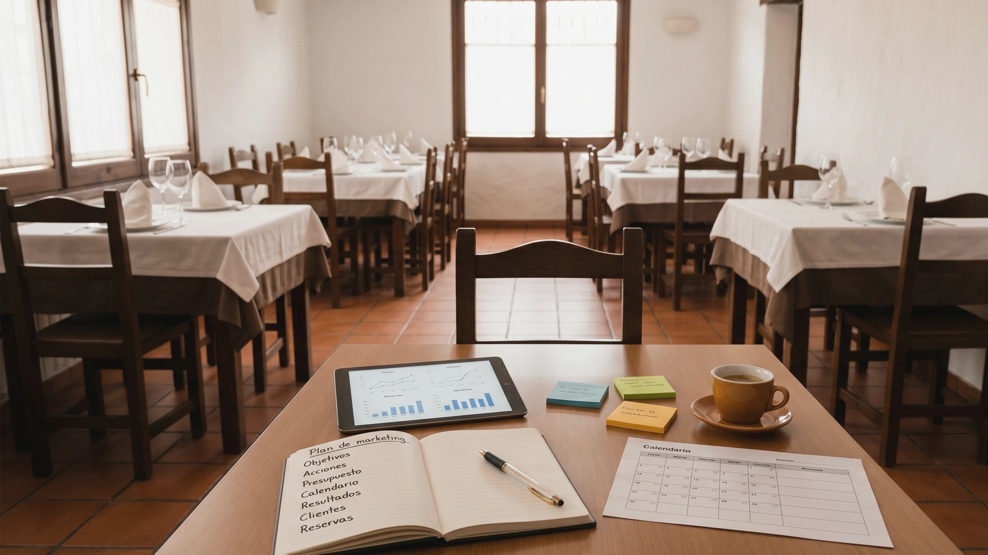 Hostelero sentado en la sala vacía de su restaurante, escribiendo en un cuaderno su plan de marketing junto a una tablet con métricas abiertas