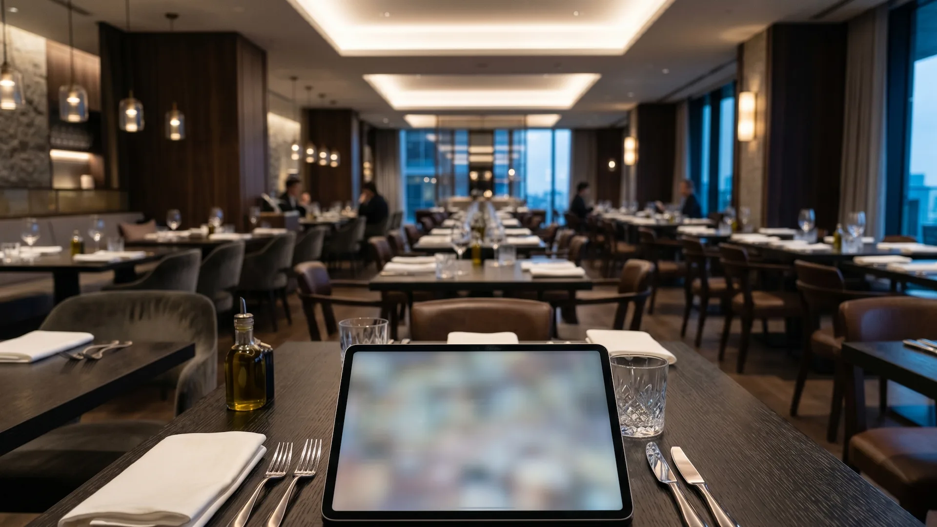 Vista cenital de la sala de un restaurante con mesas bien distribuidas y una tablet mostrando el plano digital de reservas con disponibilidad en tiempo real