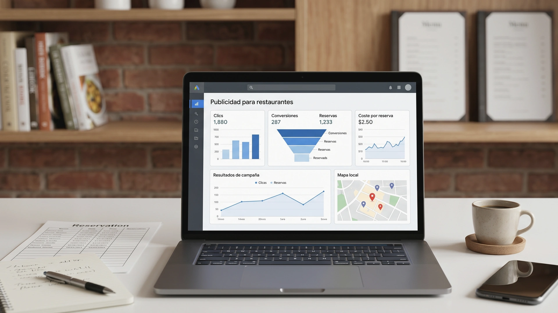 Hostelero consultando en un portátil los resultados de una campaña de Google Ads para su restaurante, con gráficos de conversiones y mapa local en pantalla