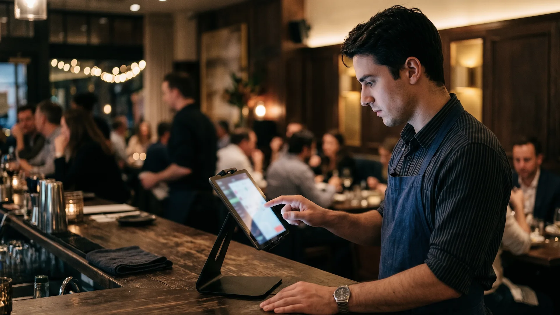 Empleado de hostelería fichando en una tablet de registro horario digital
