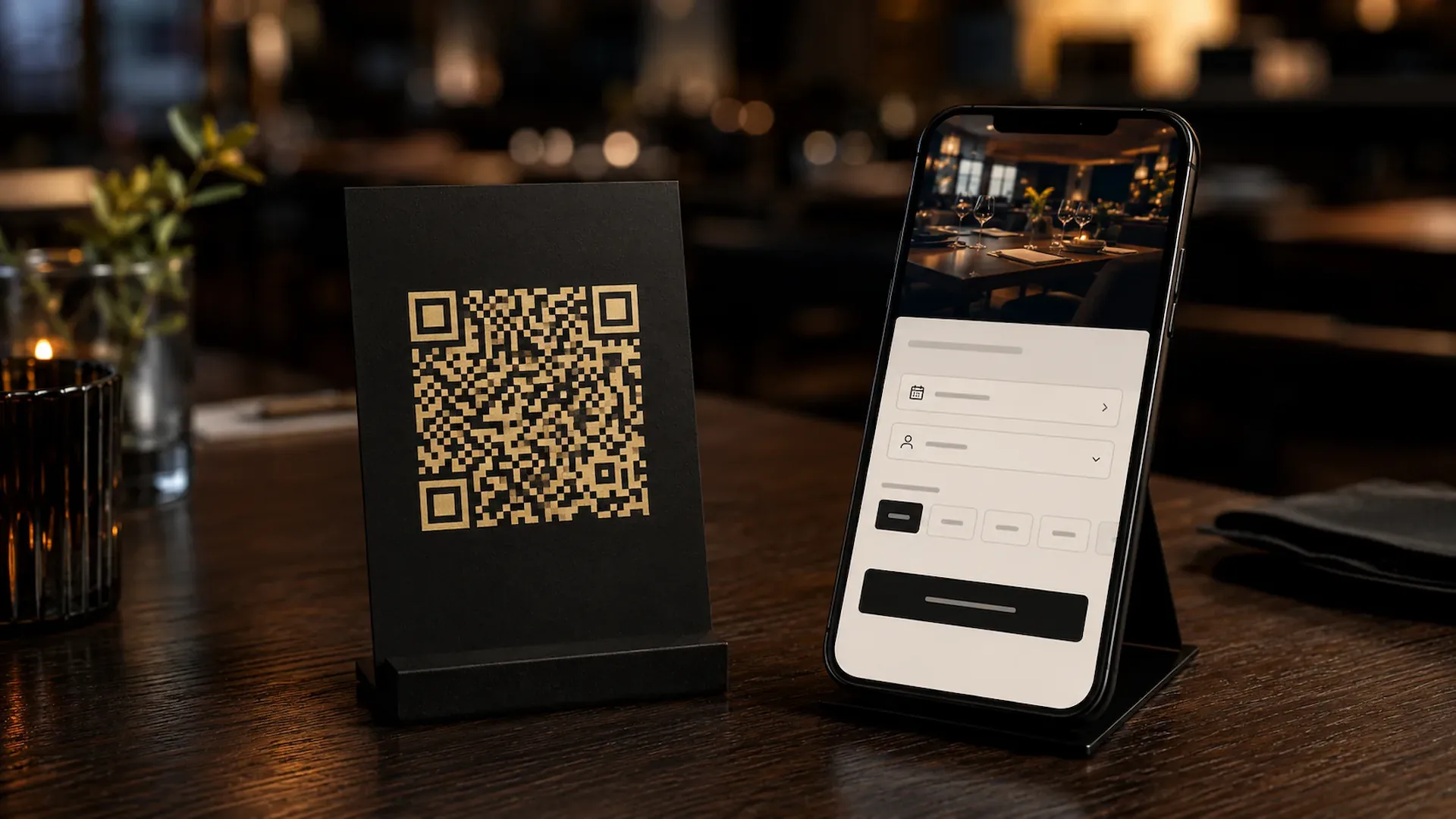 Restaurante moderno con un QR code visible en la mesa y un smartphone mostrando una pantalla de reserva directa con disponibilidad en tiempo real