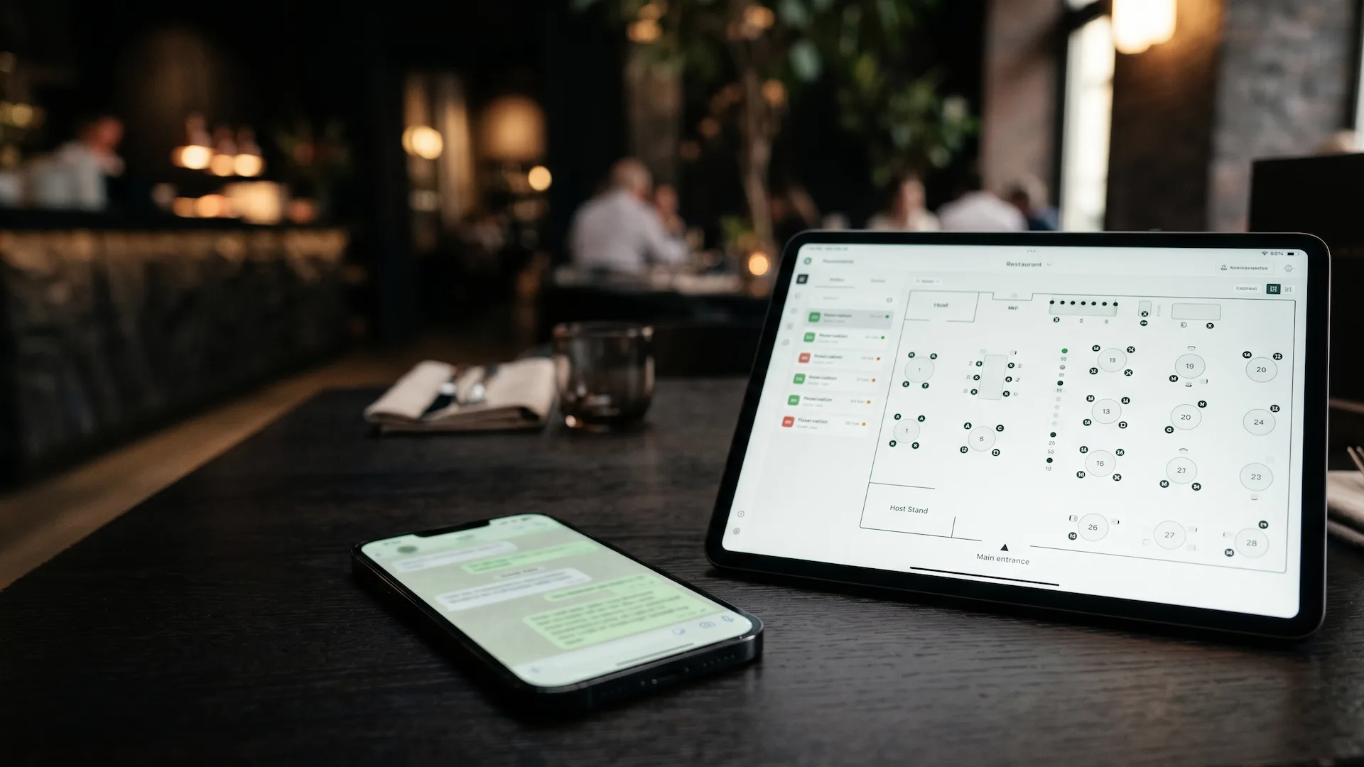 Teléfono móvil con WhatsApp abierto y conversación de reserva de restaurante junto a una tablet mostrando un sistema de gestión de mesas, ambos sobre la barra de un restaurante