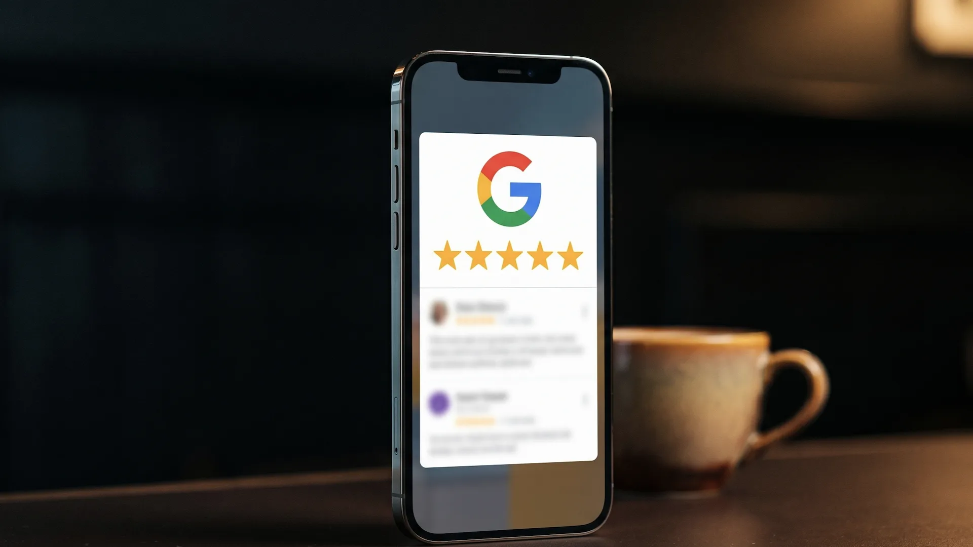 Hostelero con delantal revisando reseñas de Google en un tablet apoyado en la barra de un restaurante iluminado con luz cálida