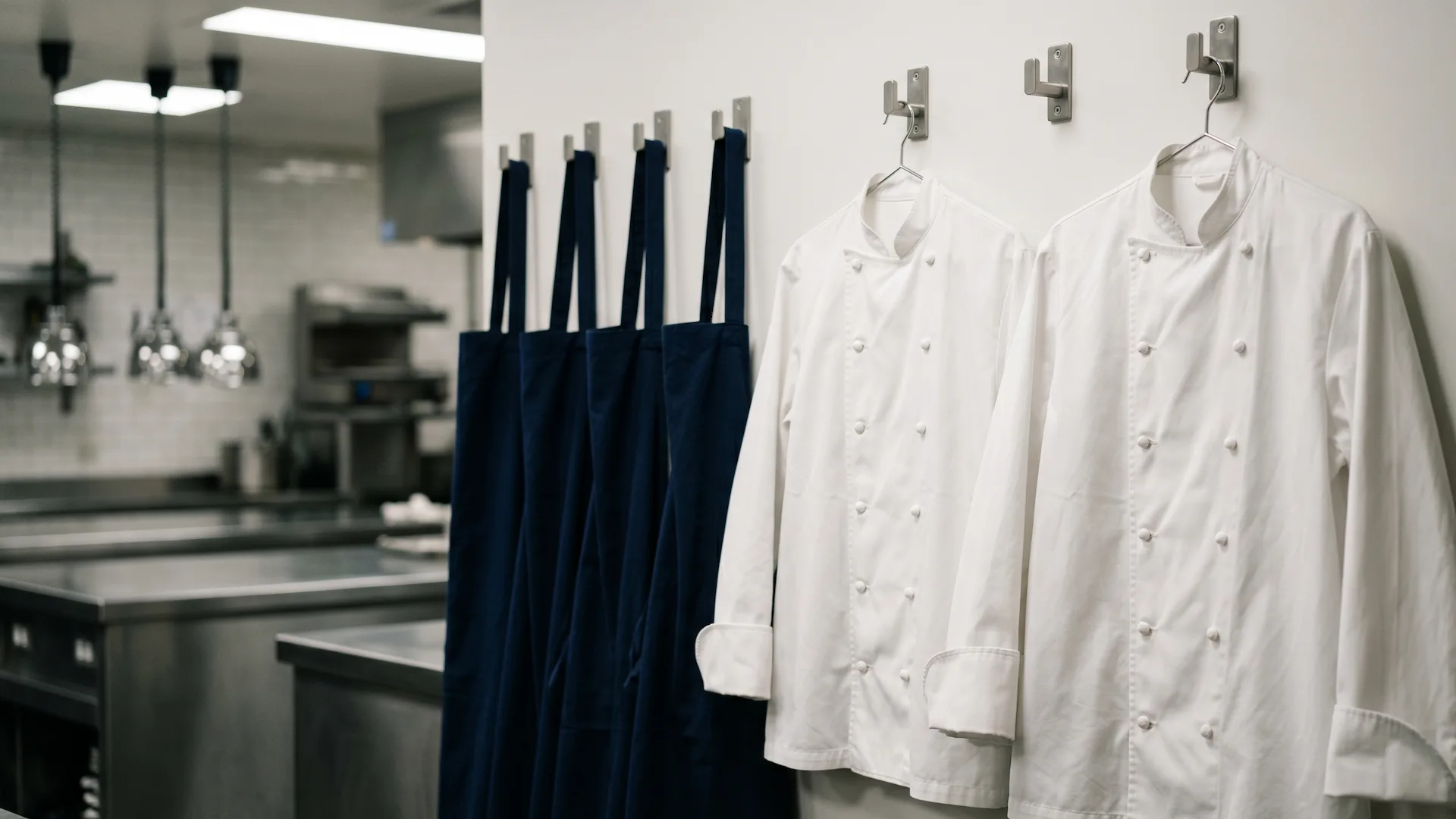 Equipo de cocina de un restaurante sonriendo al terminar el servicio, ambiente de equipo unido en cocina profesional con luz cálida