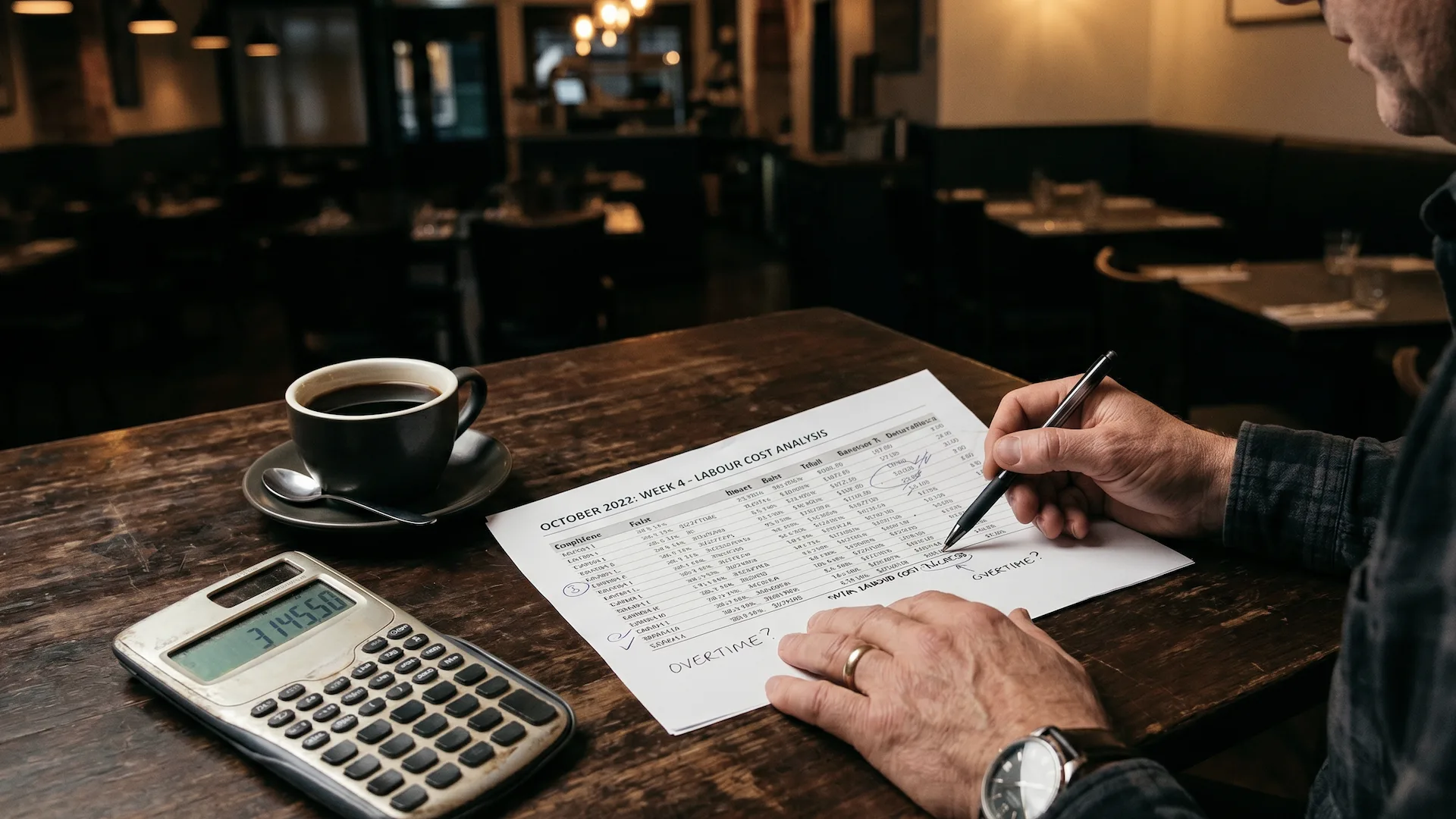 Calculadora y nóminas sobre la barra de un restaurante representando costes laborales