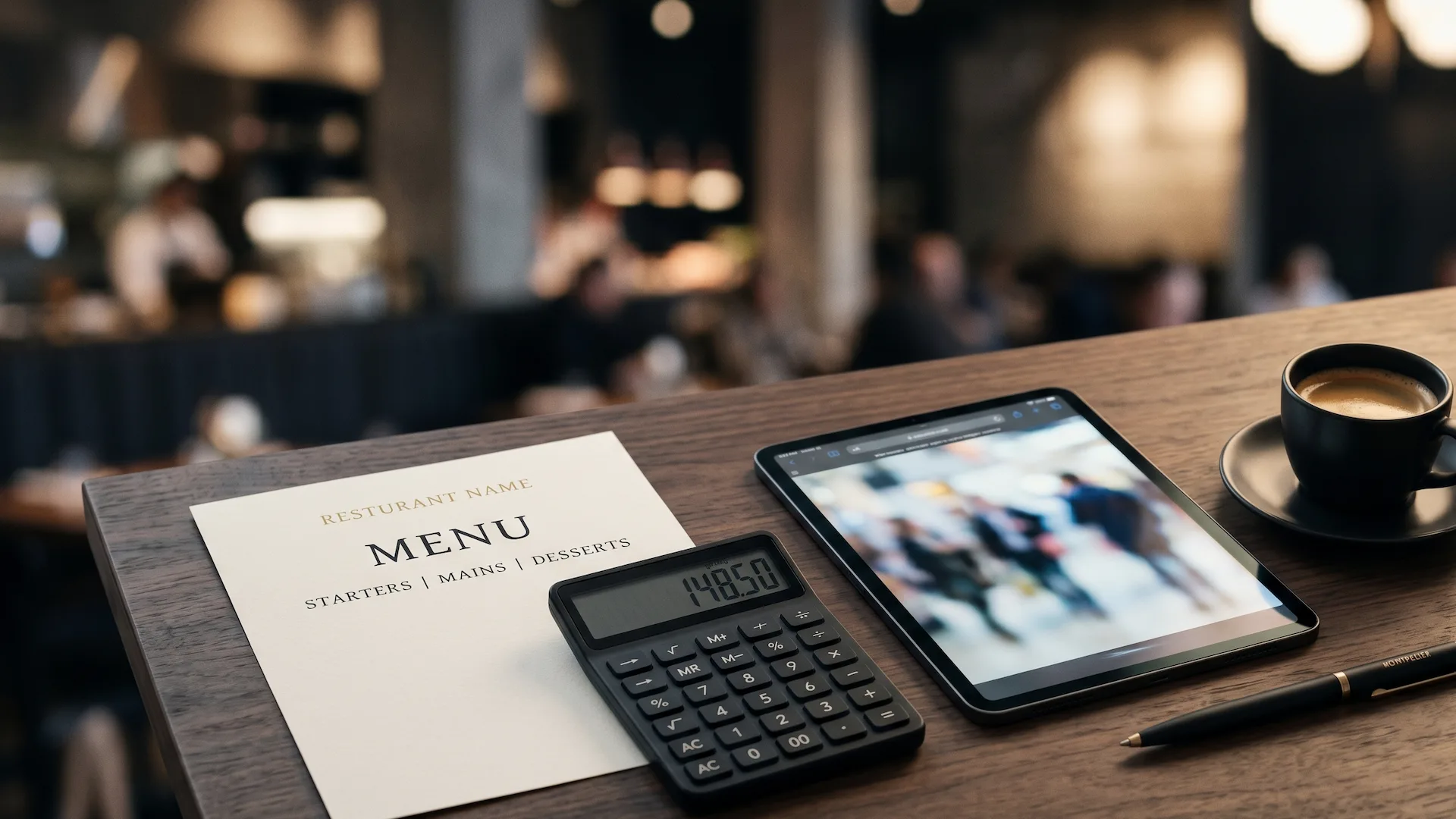 Propietaria de restaurante revisando la carta impresa sobre una mesa de madera con una calculadora y facturas de proveedores, luz natural de tarde