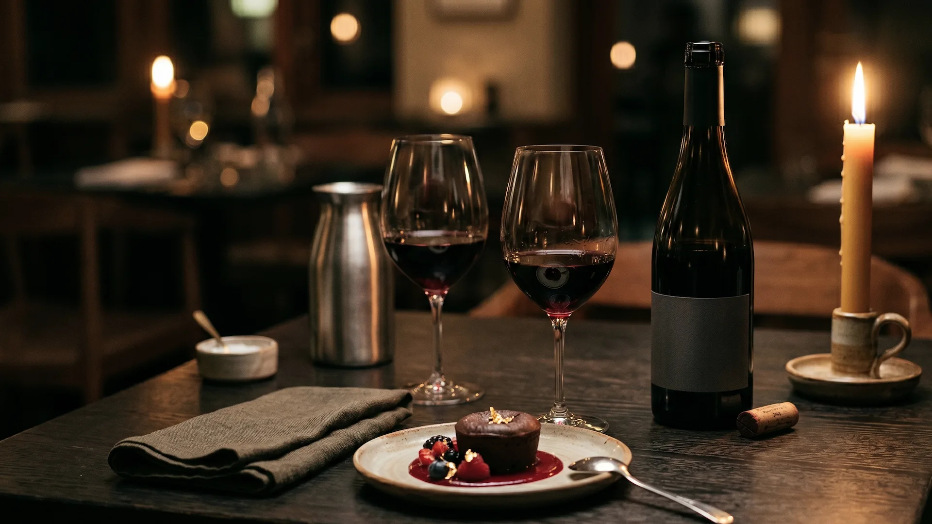 Camarero presentando la carta de vinos con elegancia a una pareja en una mesa bien iluminada de restaurante